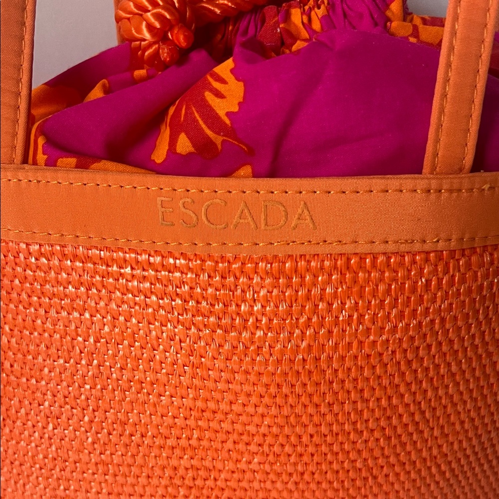 Escada Orange Woven Tote with Pink Drawstring Liner - Picture 2 of 15